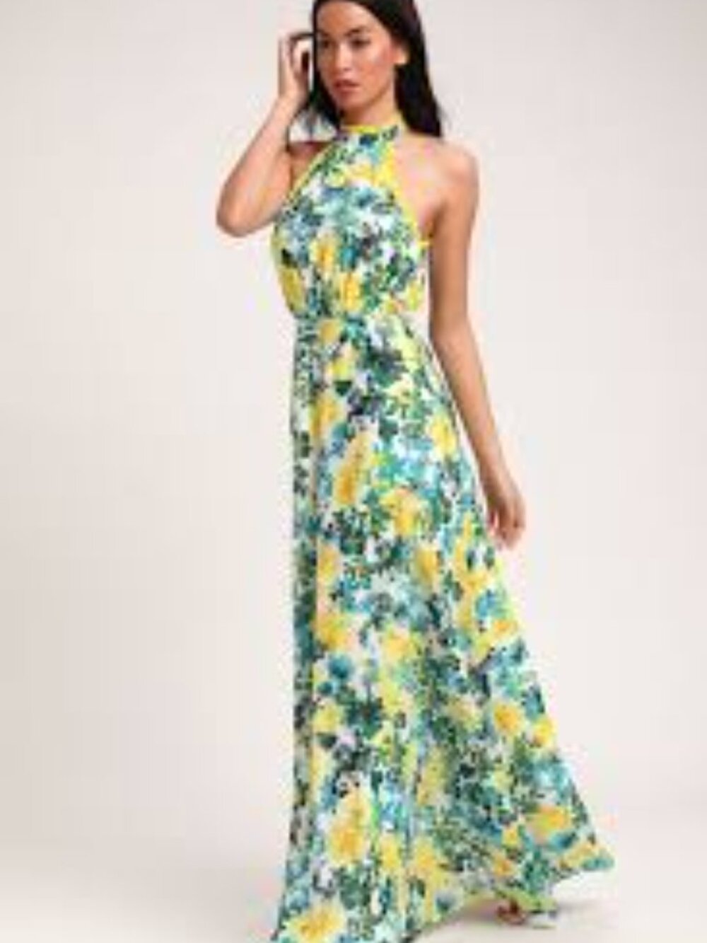 Lulu's Yellow & Blue Floral Halter Maxi Dress
